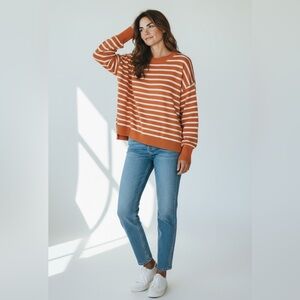 Vine & Love Orange and White Striped Sweater with Puffed Sleeve